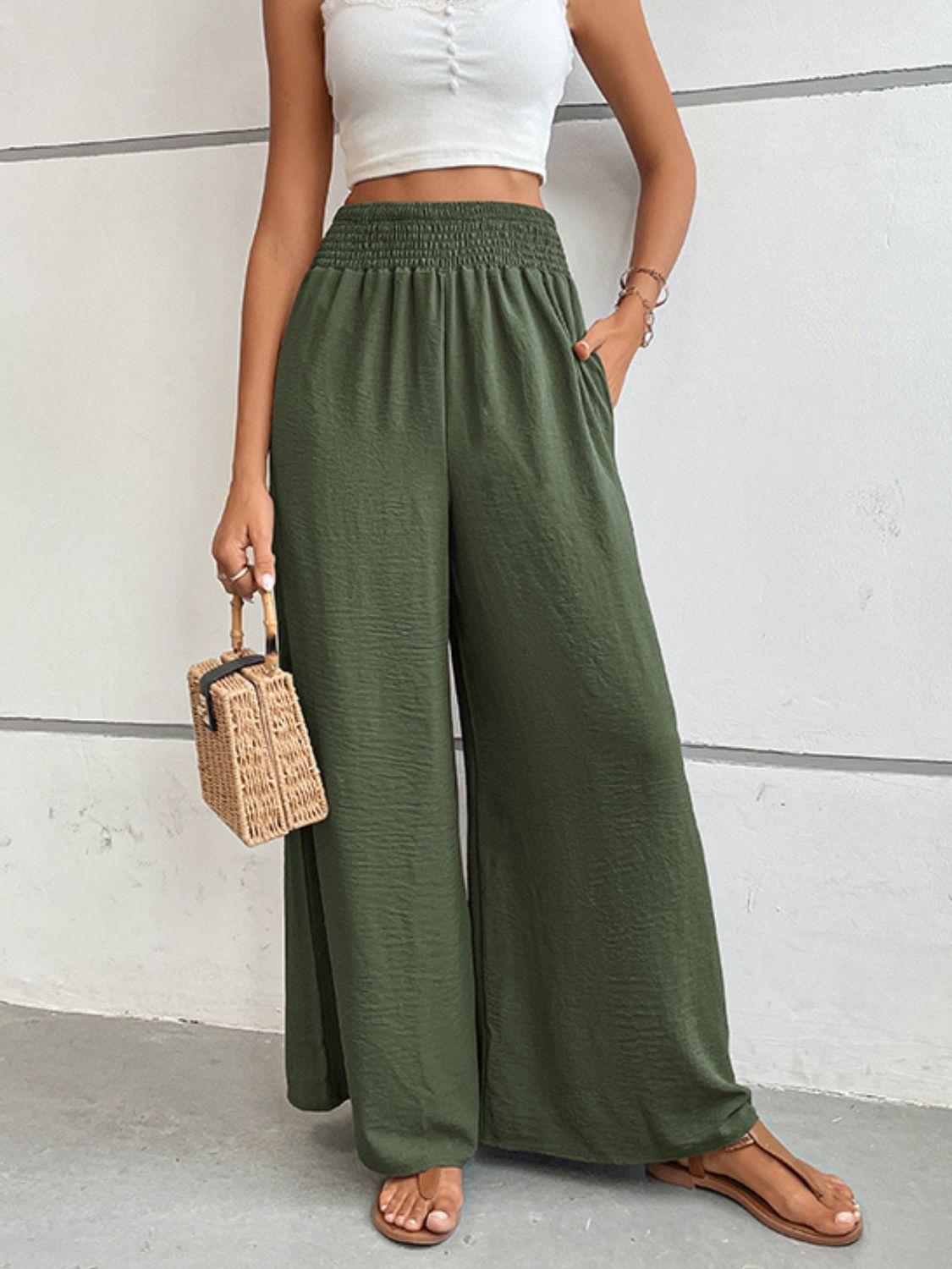 Wide Waistband Relax Fit Long Pants - Matcha Green