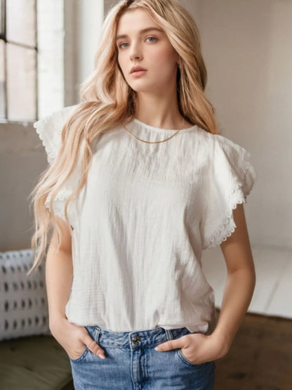 Crinkled Layered Ruffled Flutter Sleeve Blouse -