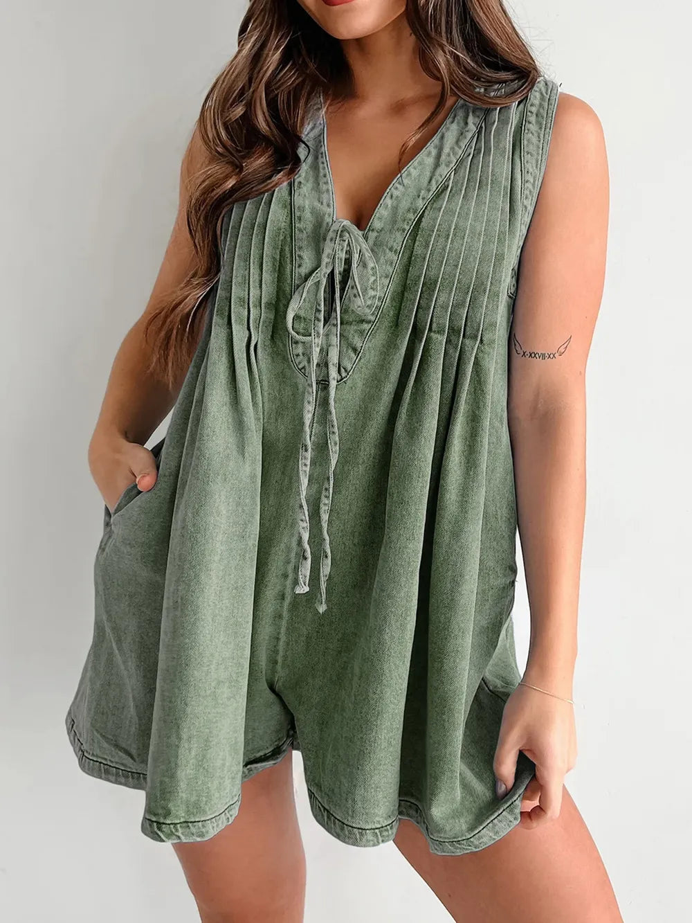 Tied Romper with Pockets - Moss