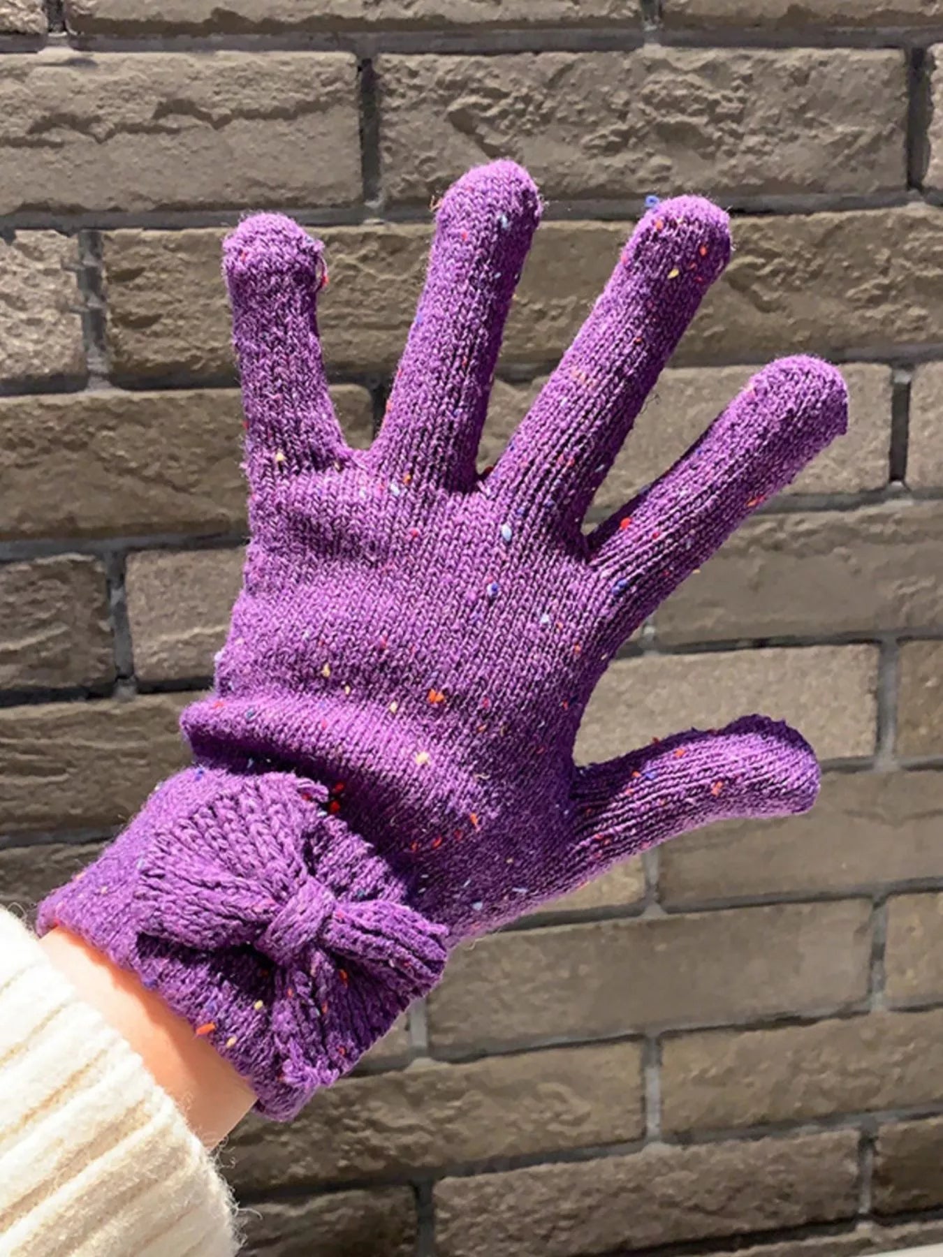 Knitted Bow Accent Gloves - Purple One Size
