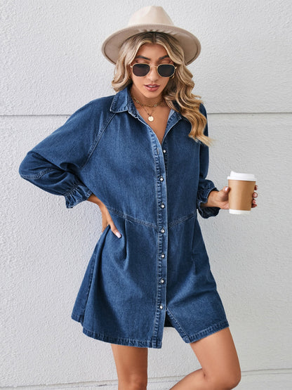 Button Up Flounce Sleeve Mini Denim Dress - Peacock Blue