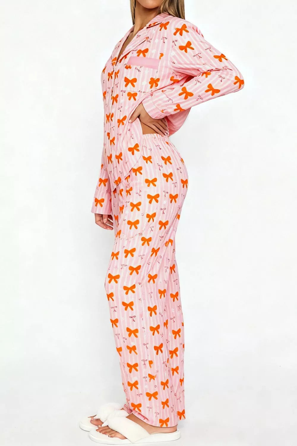 Bow Print Top and Wide Leg Pants Lounge Set -
