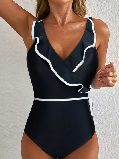 Ruffle Trim V-Neck One-Piece Swimsuit -