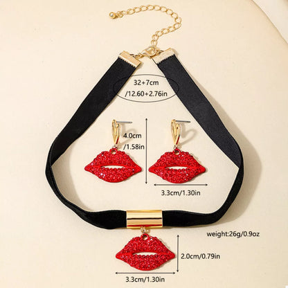Rhinestone Lip Earrings and Necklace Jewelry Set -