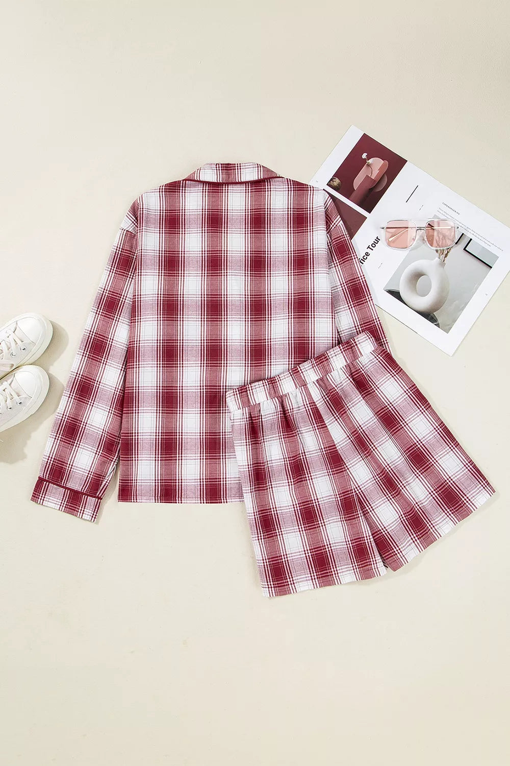 Plaid Long Sleeve Shirt and Drawstring Shorts Lounge Set -