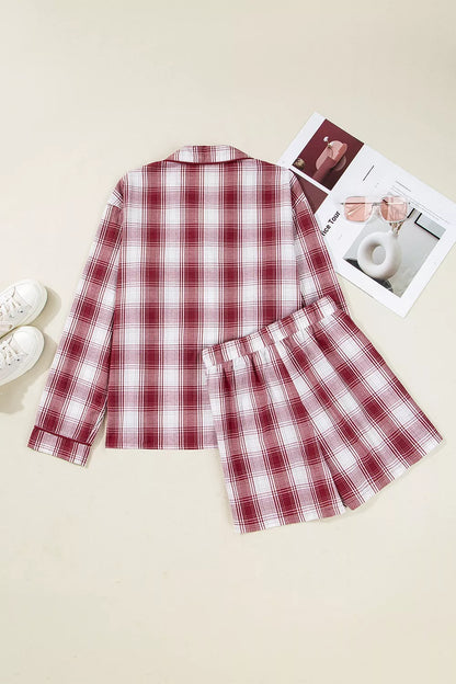 Plaid Long Sleeve Shirt and Drawstring Shorts Lounge Set -