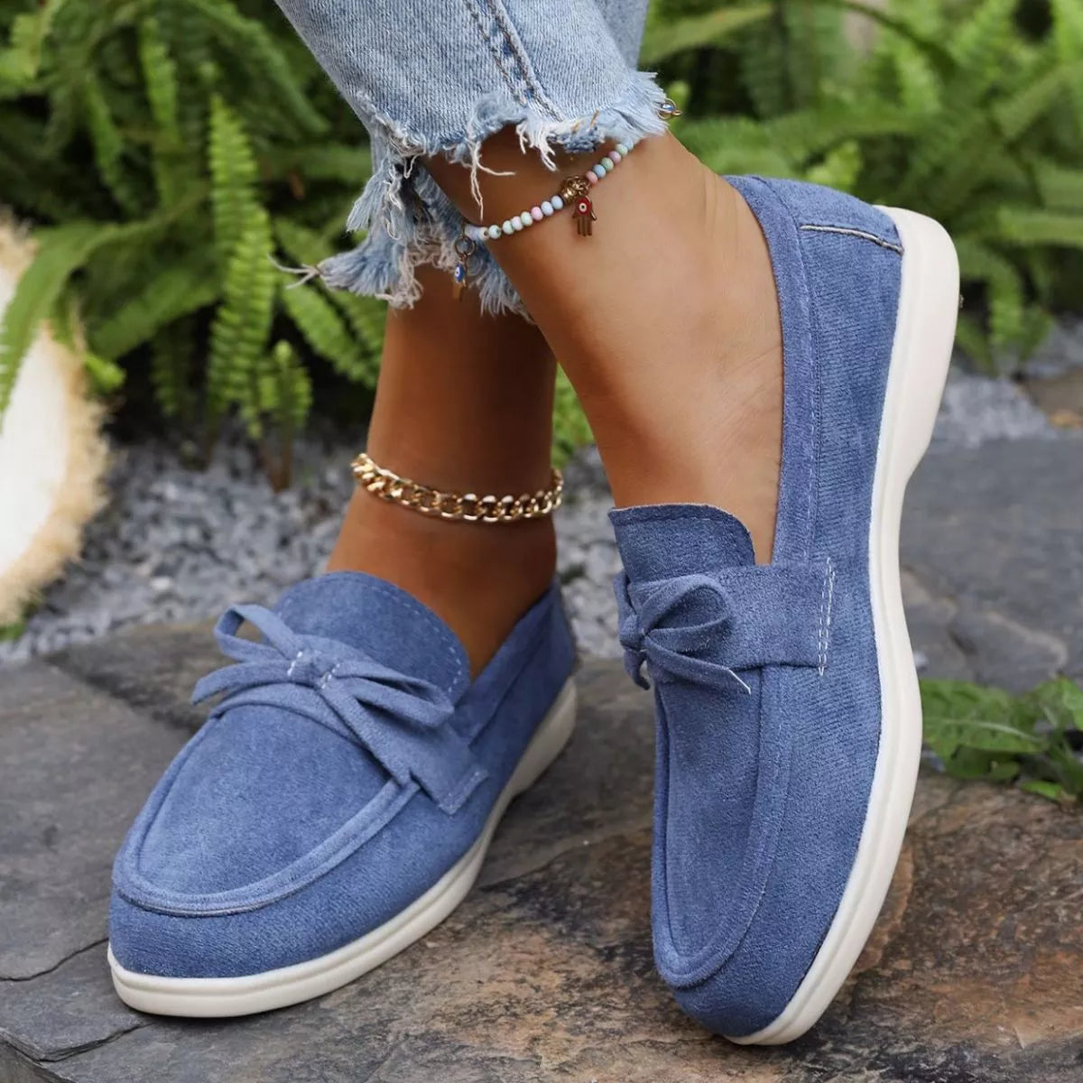 Bow Round Toe Slip-Ons - Blue