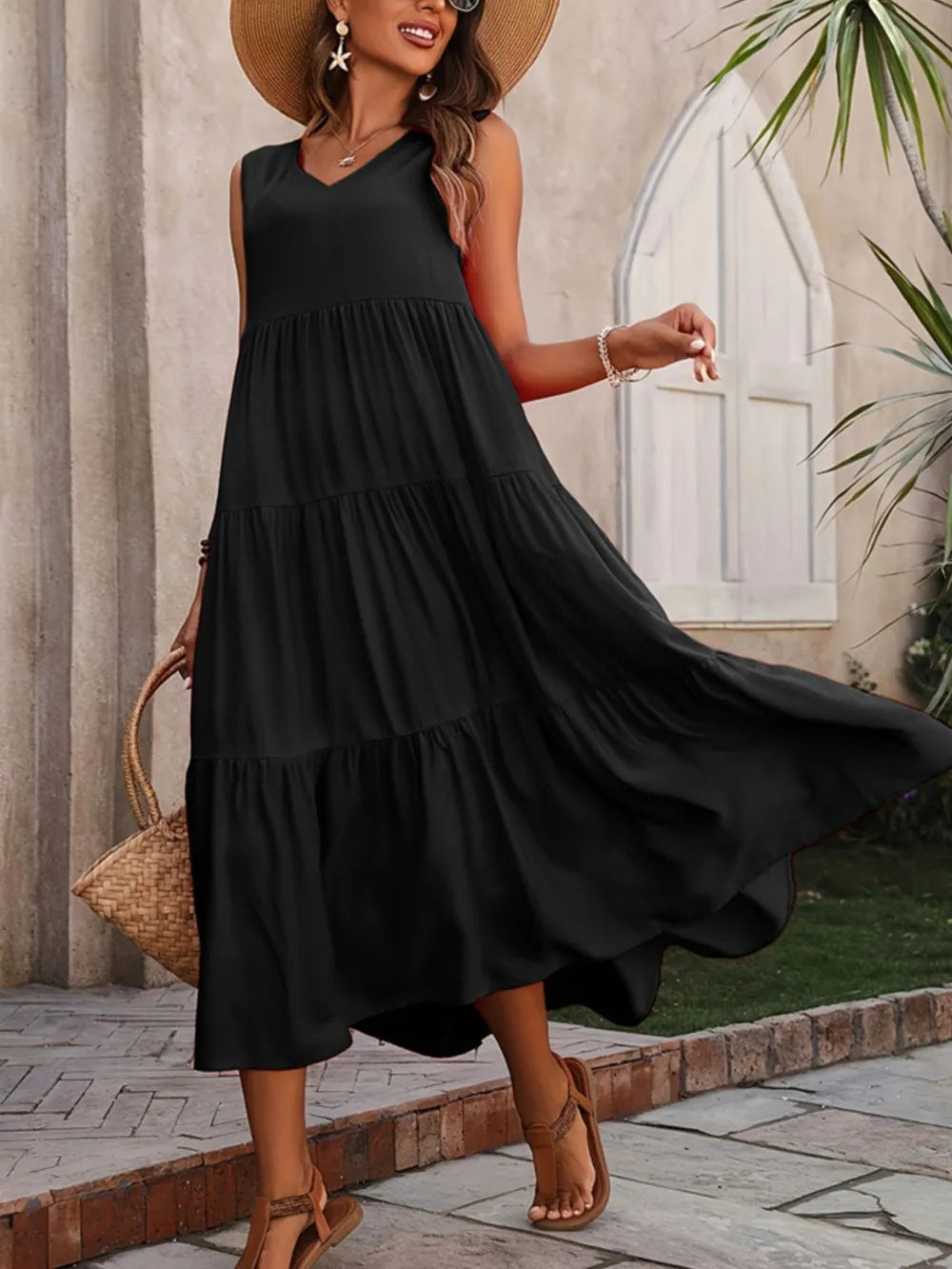 Tiered V-Neck Sleeveless Dress -