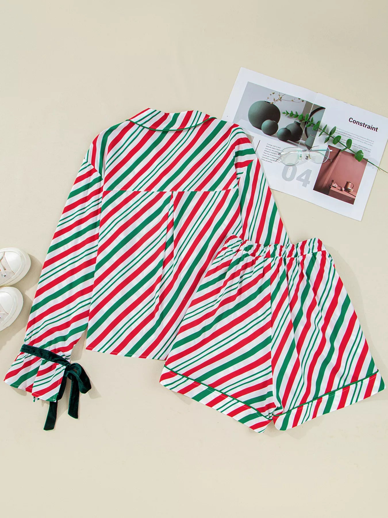 Stripe Contrast Velvet Ribbon Knot Pajama Set -