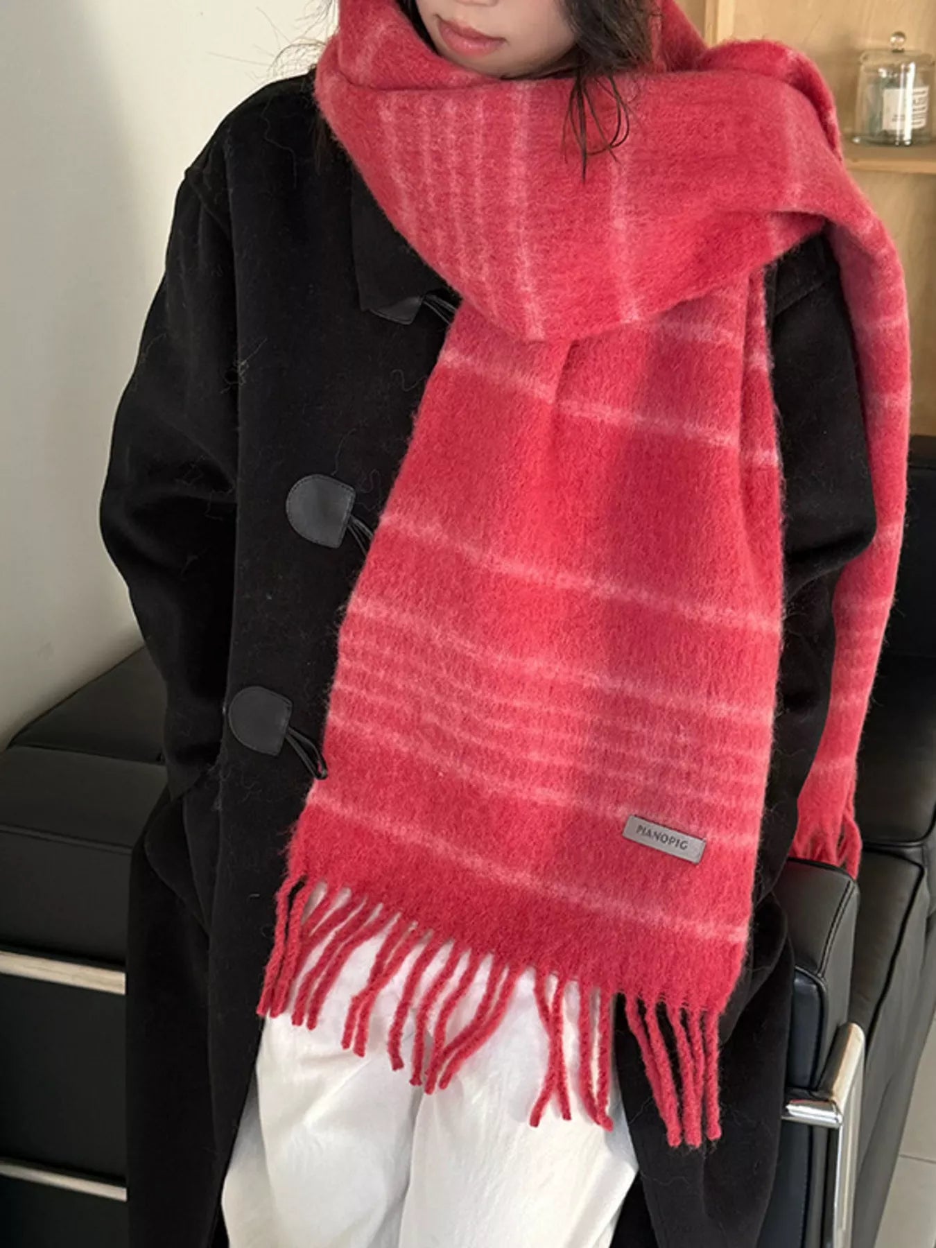 Cozy Striped Fringe Hem Scarf - Red One Size