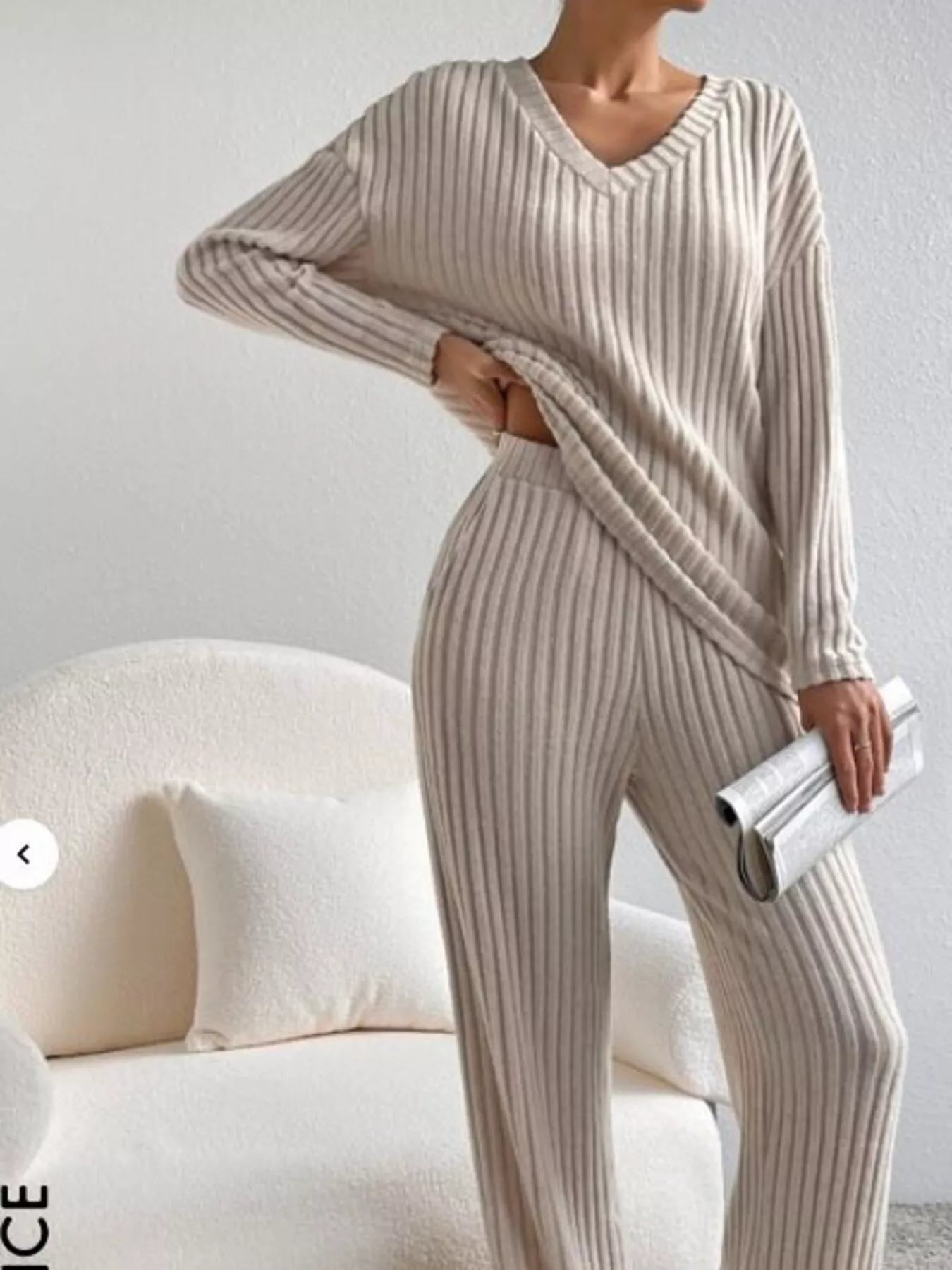 Ribbed Knit V-Neck Top and Pants Set -