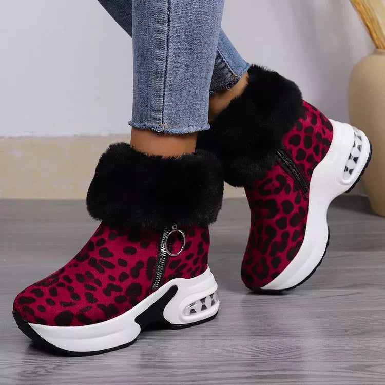 Fuzzy Side Zipper Platform Ankle Boots - Burgundy