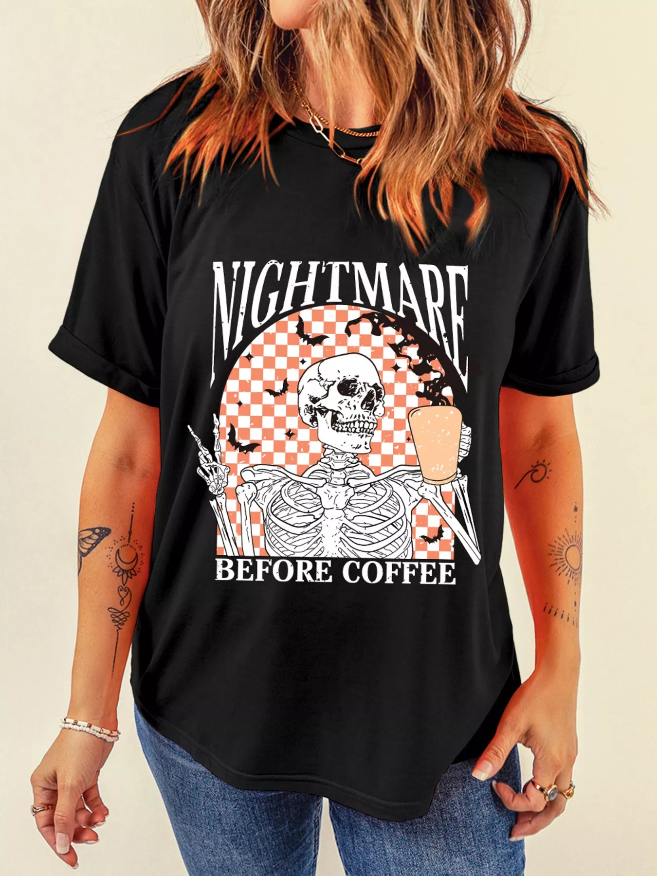 Skull Checkerboard Graphic Round Neck T-Shirt -