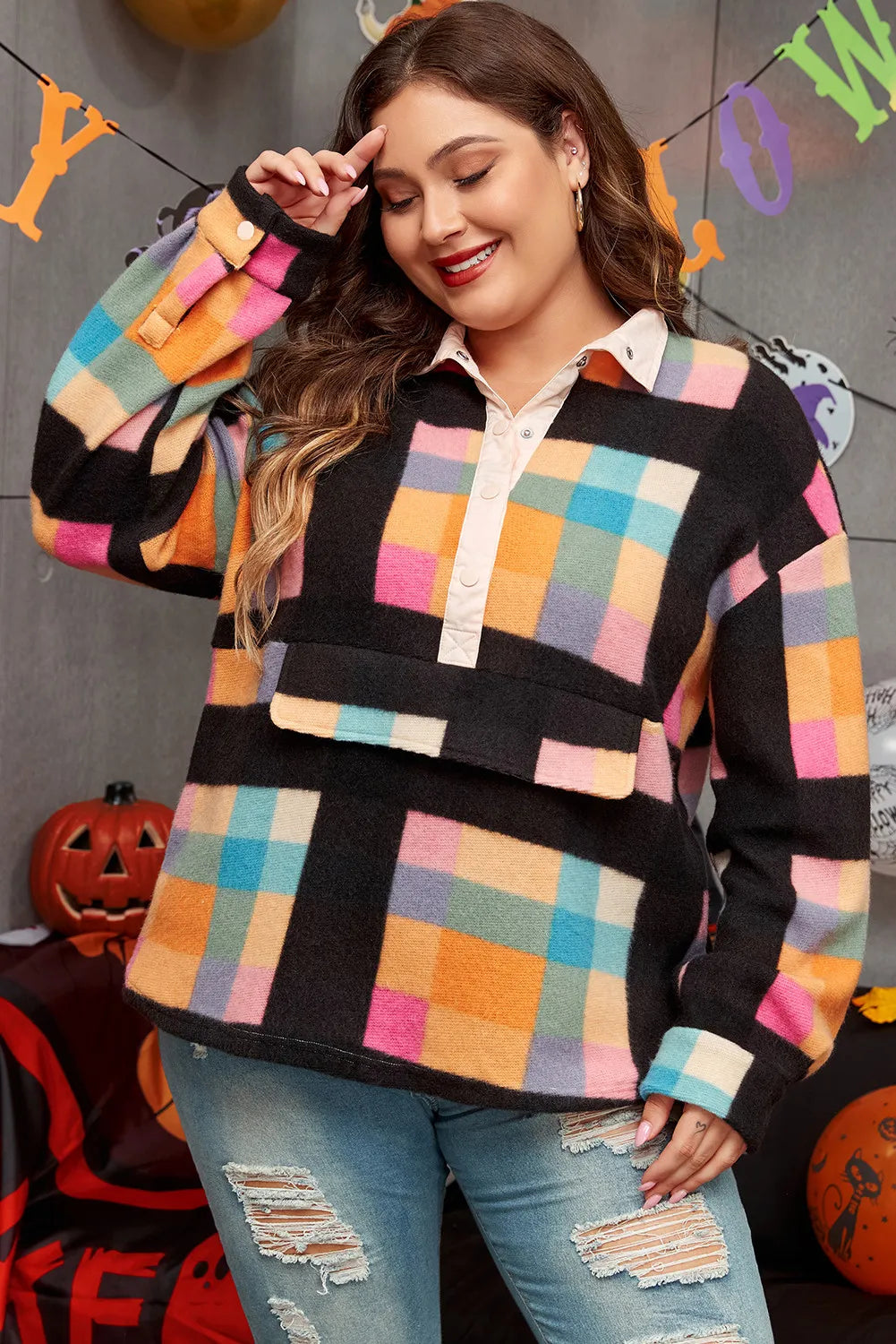 Plus Size Color Block Half Snap Long Sleeve Sweatshirt - Black