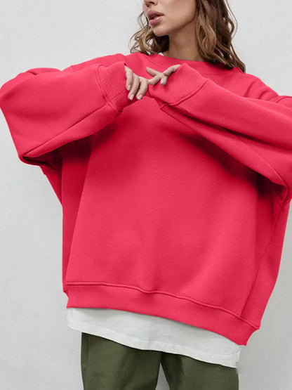 Round Neck Dropped Shoulder Long Sleeve Sweatshirt - Hot Pink