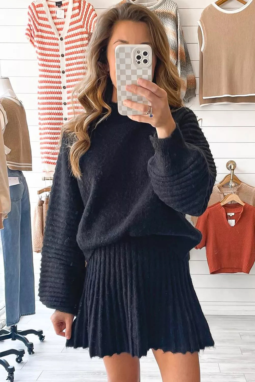Round Neck Top and Skirt Sweater Set -