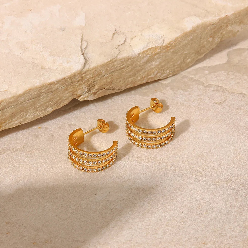 Stainless Steel Inlaid Zircon C-Hoop Earrings - Gold One Size