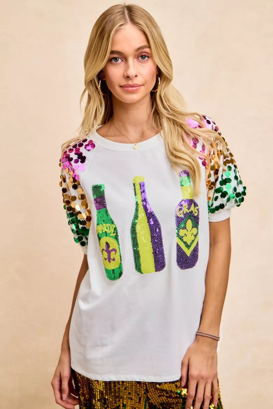 Sequin Mardi Gras Bottles Spangled Sleeve Top - Off White