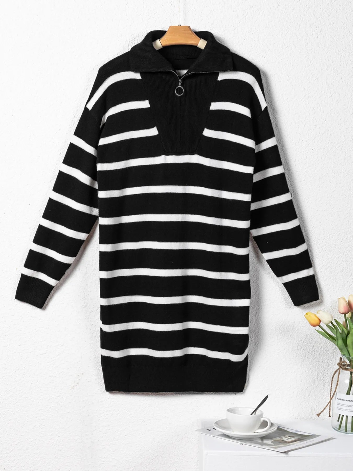 Striped Collared Loose Sweater Mini Dress -