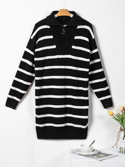 Striped Collared Loose Sweater Mini Dress -
