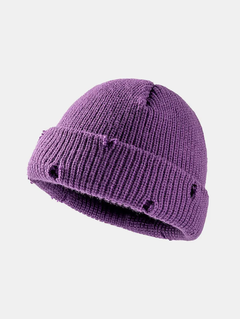 Distressed Cuffed Knit Hat - Purple One Size