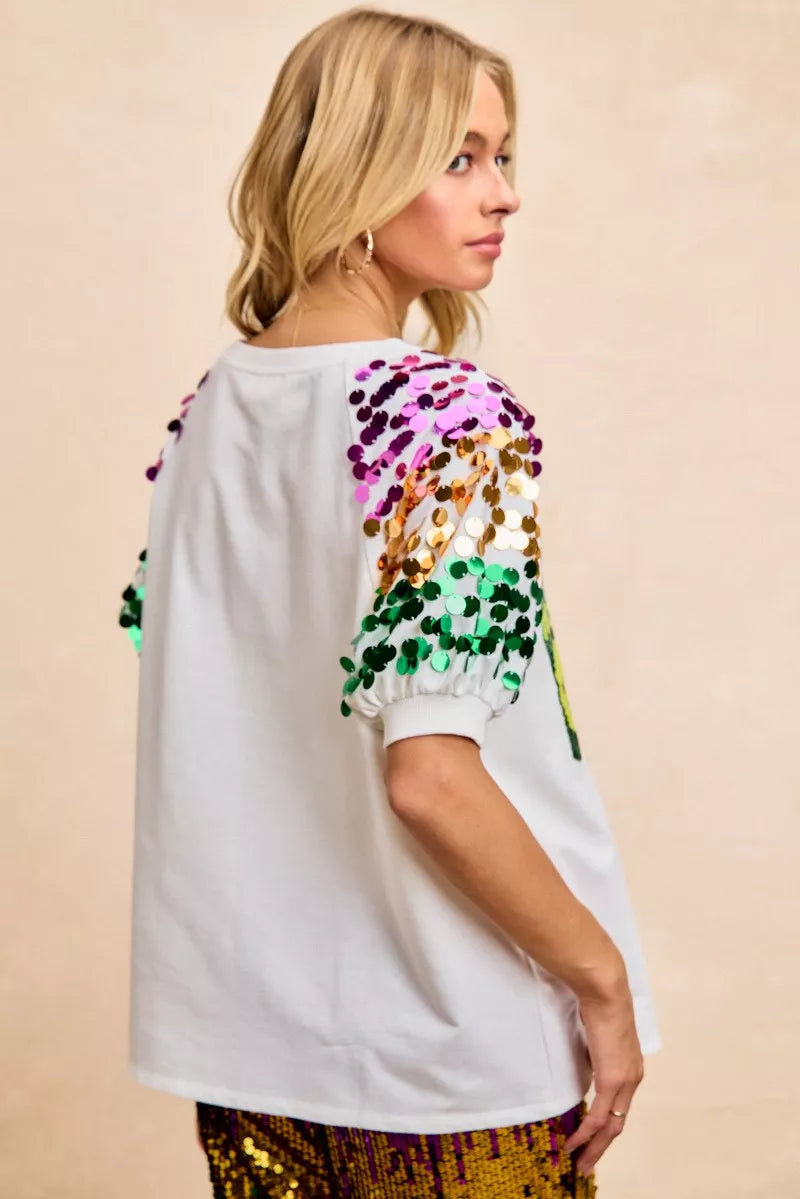 Sequin Mardi Gras Bottles Spangled Sleeve Top -