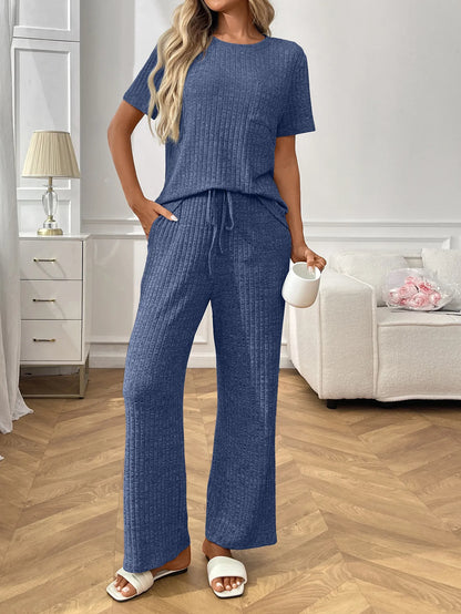 Ribbed Knit Short Sleeve Top and Pants Lounge Set -