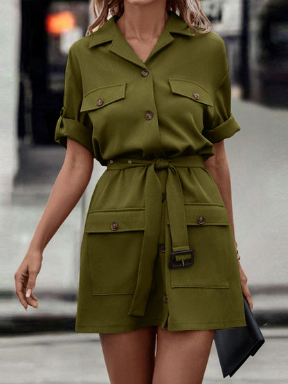 Tie Waist Collared Dress - Army Green