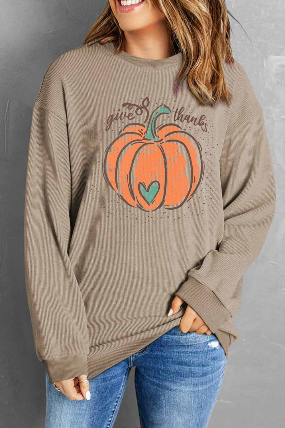 Pumpkin Graphic Round Neck Long Sleeve Sweatshirt - Tan