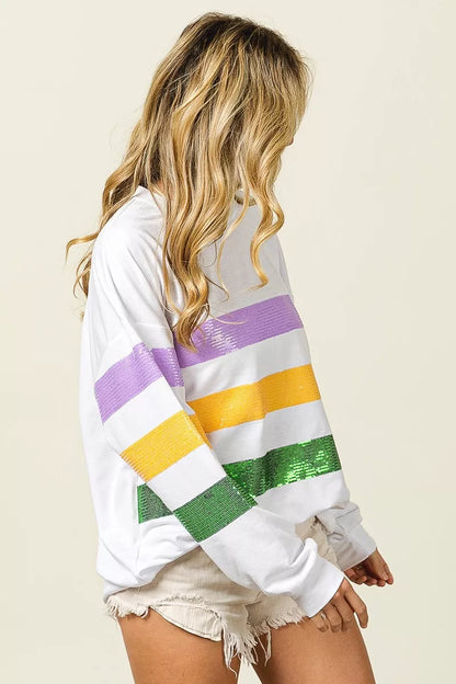 Sequin Mardi Gras Striped Round Neck Sweatshirt -