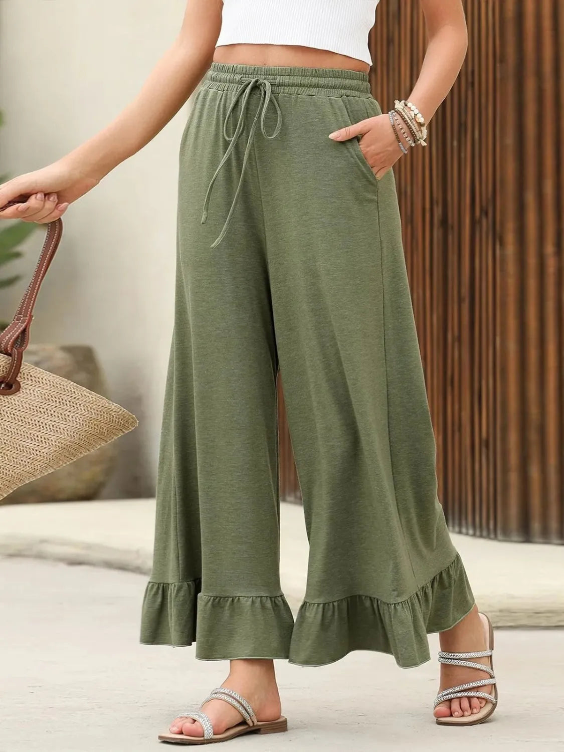 Ruffled Hem Wide Leg Pants - Moss