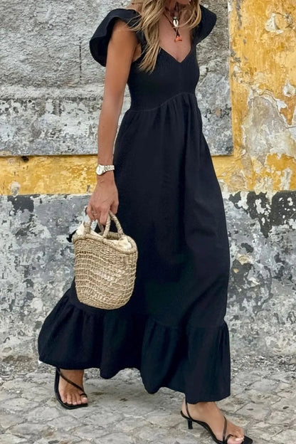 V-Neck Cap Sleeve Smocked Maxi Dress - Black