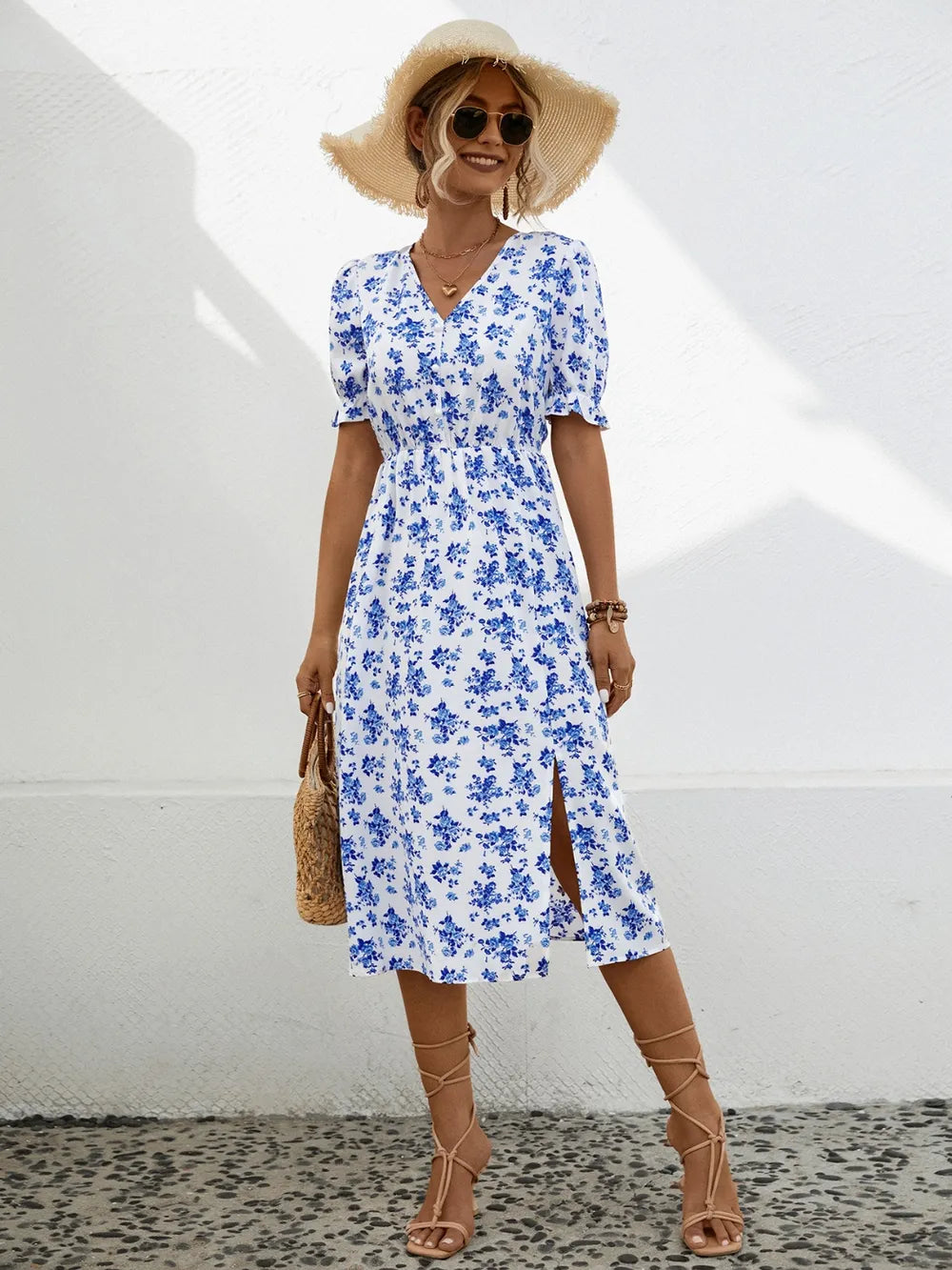 Slit Printed V-Neck Short Sleeve Dress - White