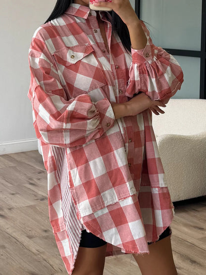 Plaid Collared Neck Long Sleeve Shirt Dress -