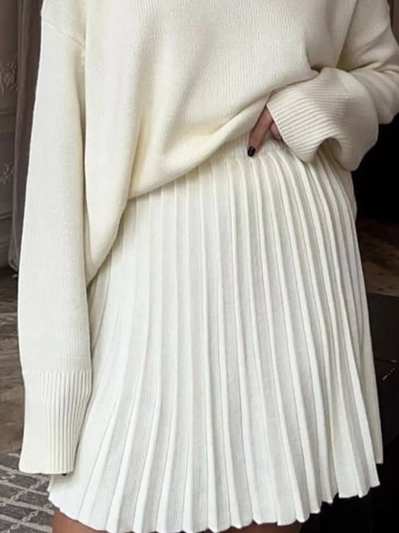 Round Neck Top and Pleated Skirt Sweater Set -