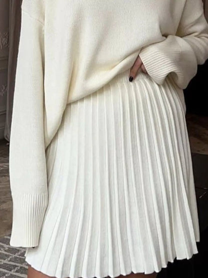Round Neck Top and Pleated Skirt Sweater Set -