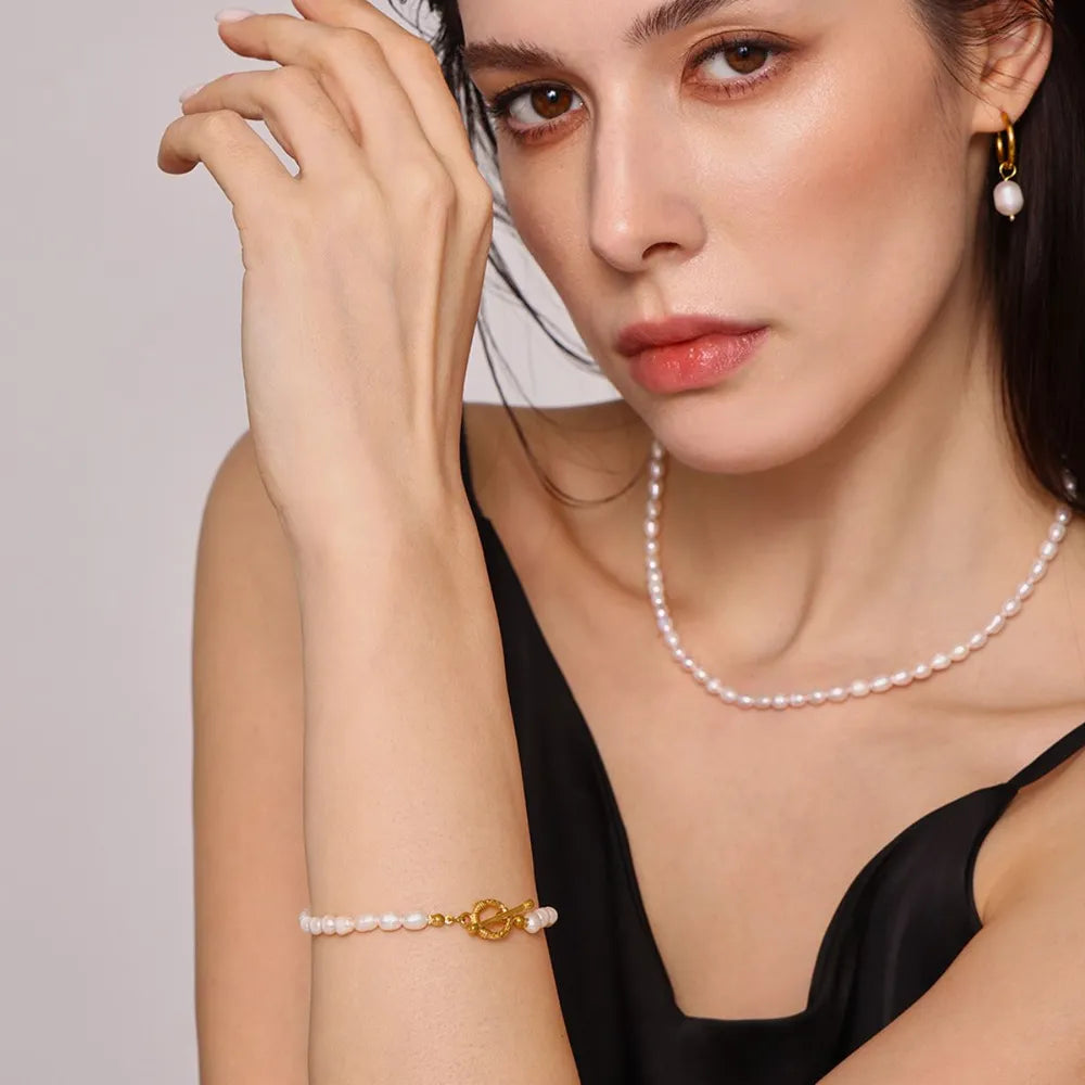 Pearl Necklace, Bracelet and Earrings 4-Piece Jewelry Set -