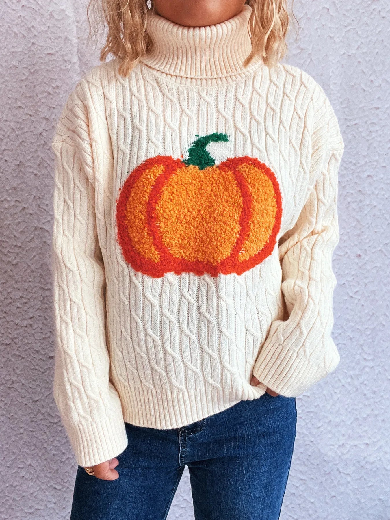 Pumpkin Turtleneck Long Sleeve Sweater - White One Size