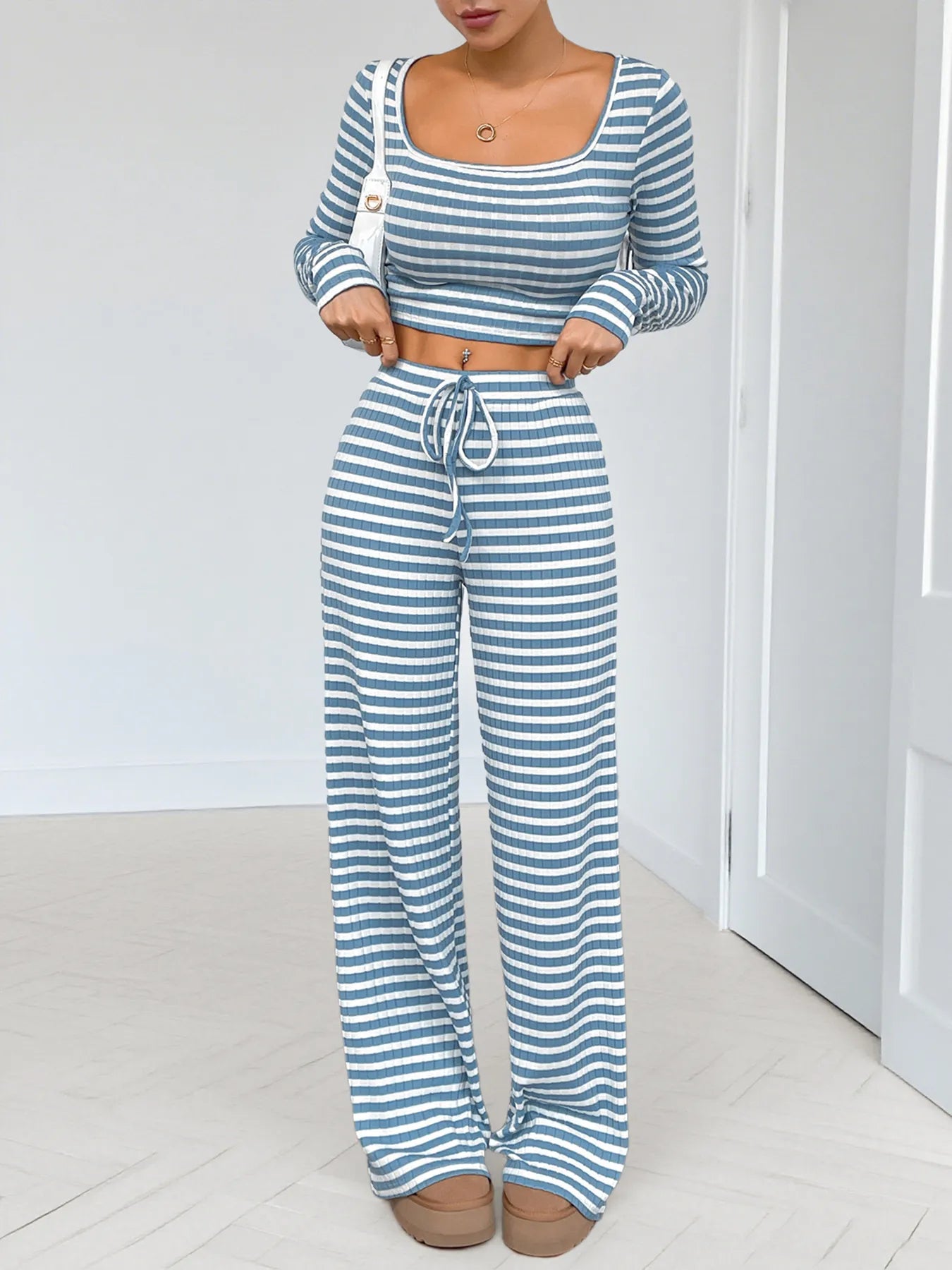 Striped Square Neck Top and Pants Lounge Set -