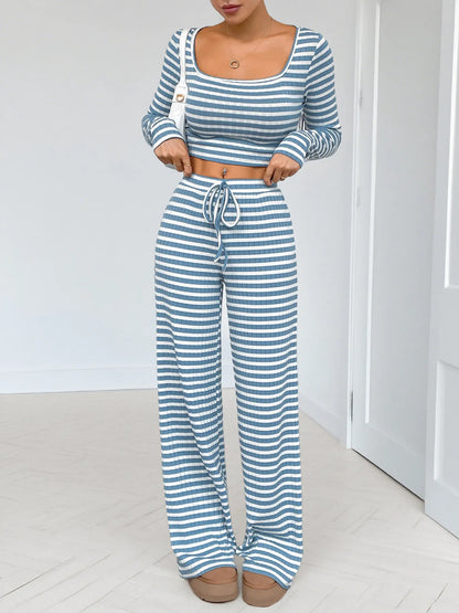 Striped Square Neck Top and Pants Lounge Set -