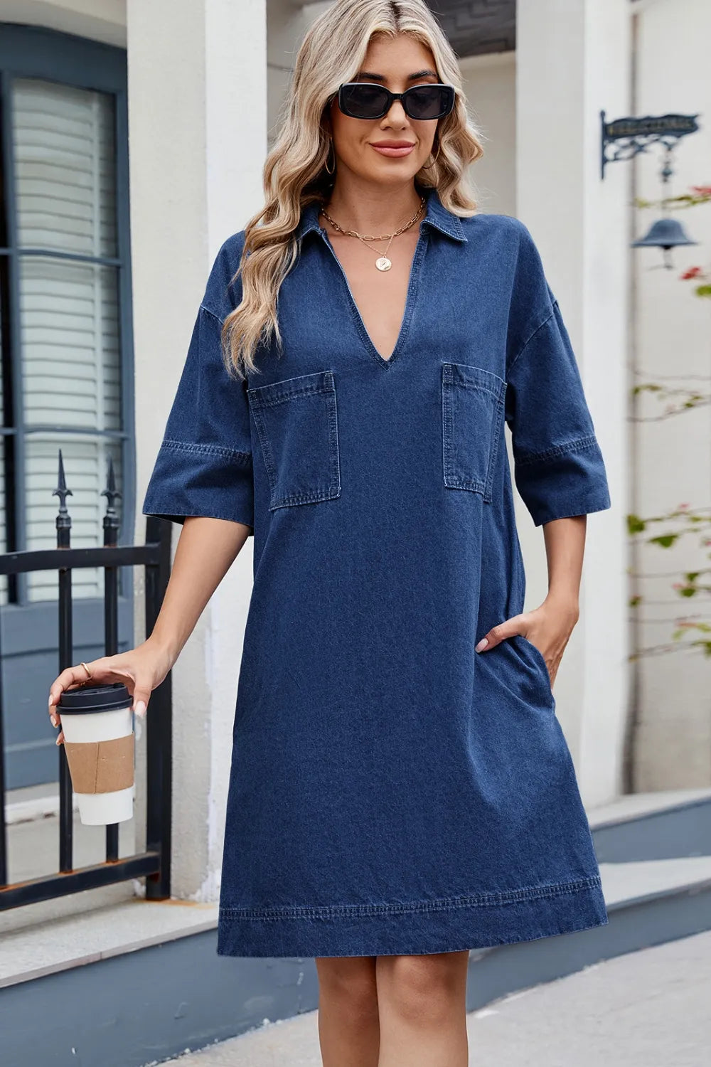 Johnny Collar Half Sleeve Denim Dress -