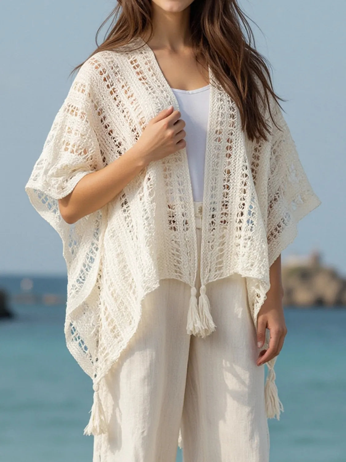 Openwork Tassel Open Front Knit Cover-Up - Cream One Size
