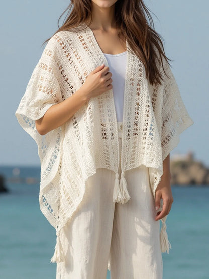 Openwork Tassel Open Front Knit Cover-Up - Cream One Size