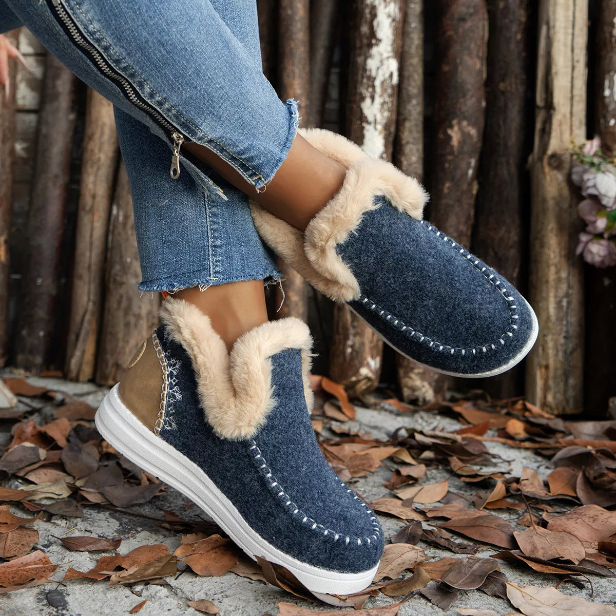 Cozy Fur-Trimmed Slip-Ons - French Blue