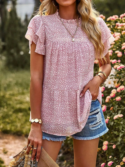 Printed Ruffle Sleeve Babydoll Blouse -