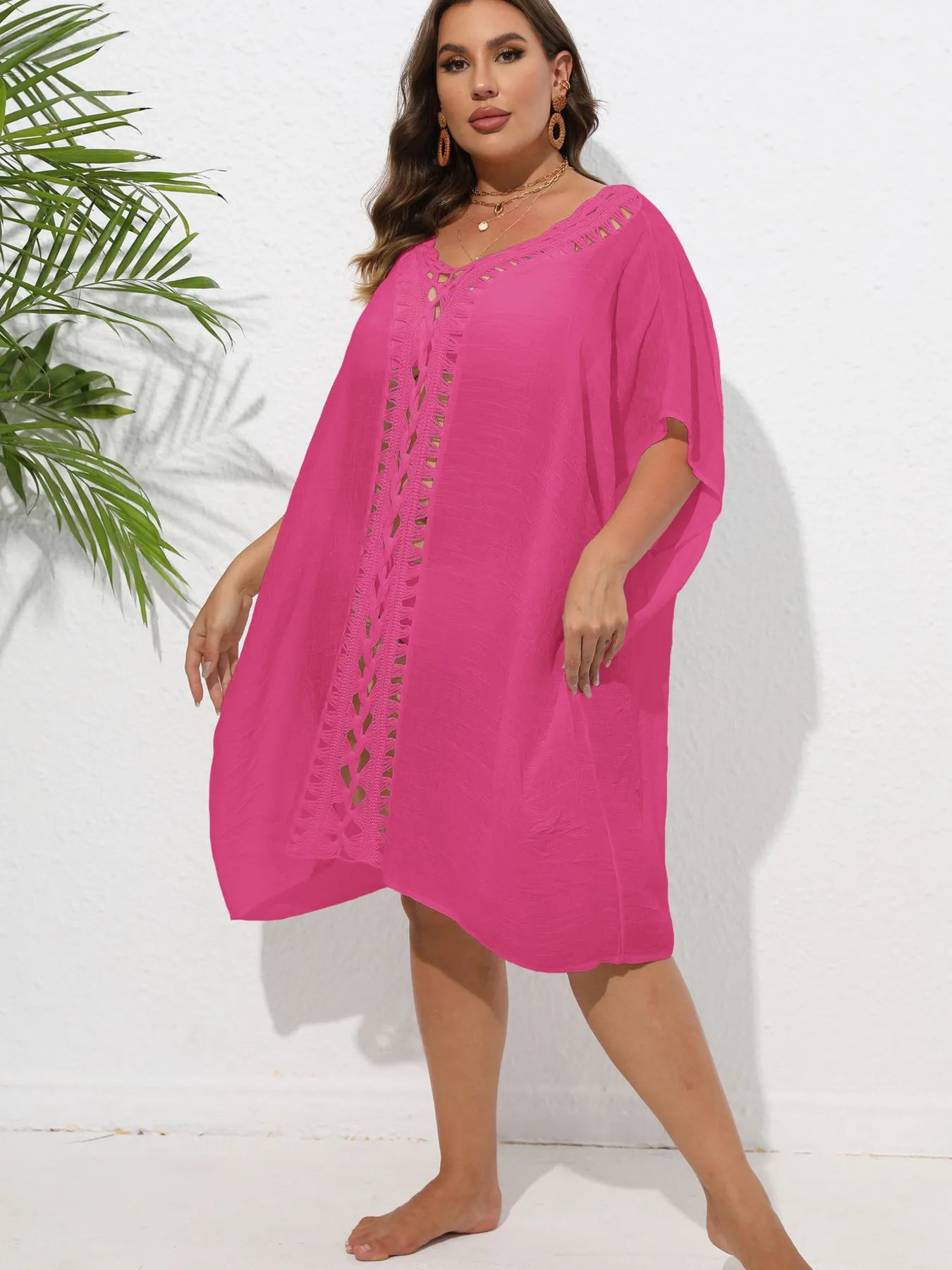Crochet Trim V-Neck Beach Cover-Up Dress -