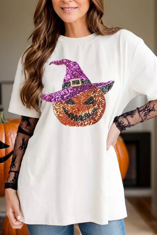 Sequin Pumpkin Round Neck Short Sleeve T-Shirt - White