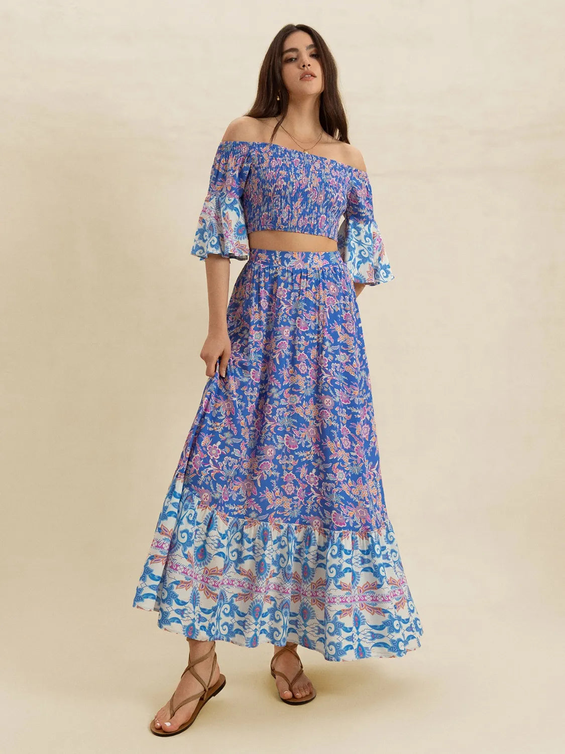 Smocked Off-Shoulder Printed Top and Skirt Set - Blue Purple