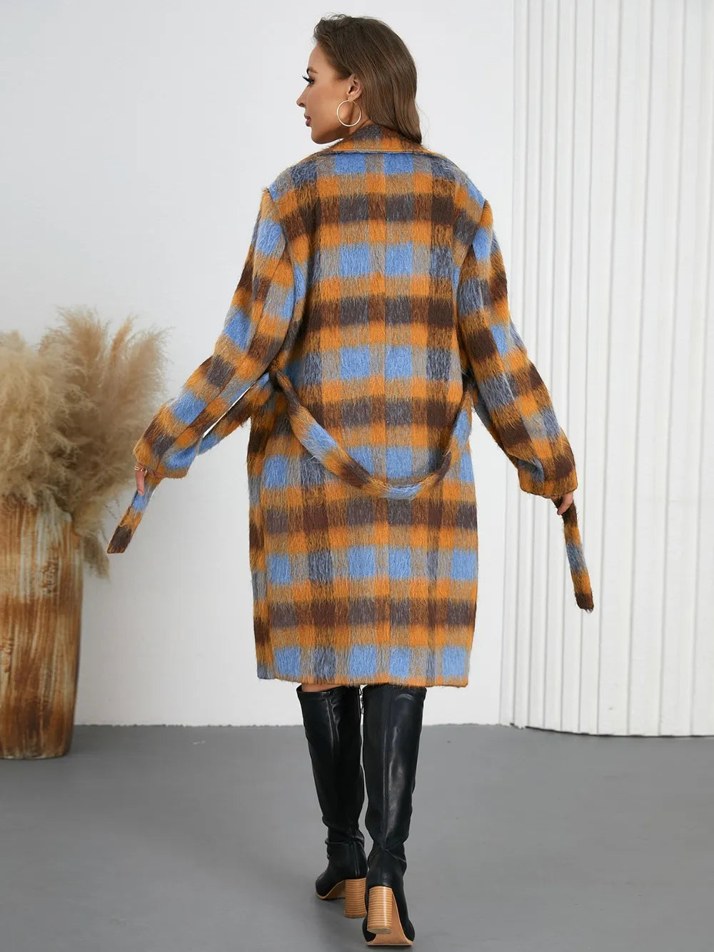 Tied Plaid Collared Neck Coat - Light Blue