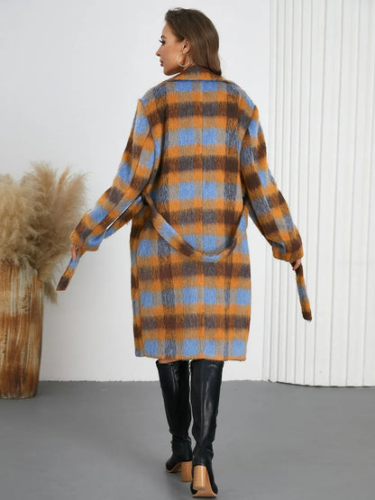 Tied Plaid Collared Neck Coat - Light Blue